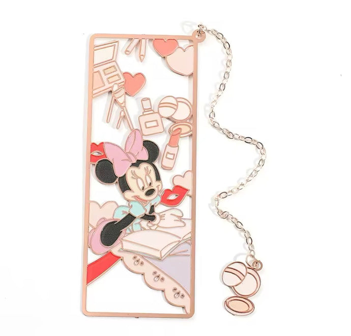 Marcapáginas metálico con colgante maquillaje de Minnie rose gold