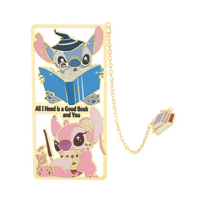 Marcapáginas metálico con colgante de Stitch y Ángel “All I need is a good book and you”