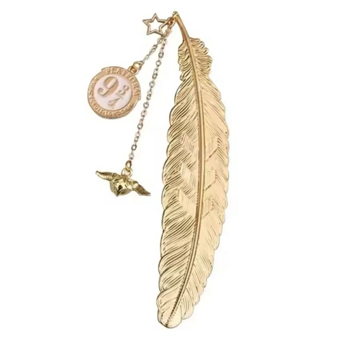 Marcapáginas metálico Harry Potter snitch dorada, pluma, 9 3/4