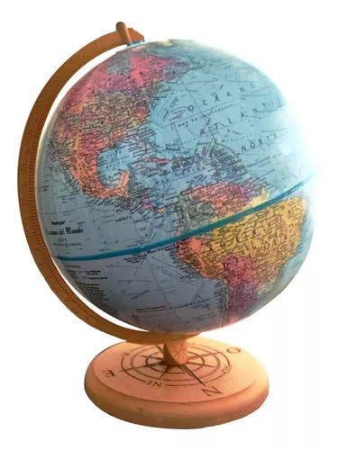 Globo Terráqueo Azul 30 cm (base de madera con rosa de los vientos)